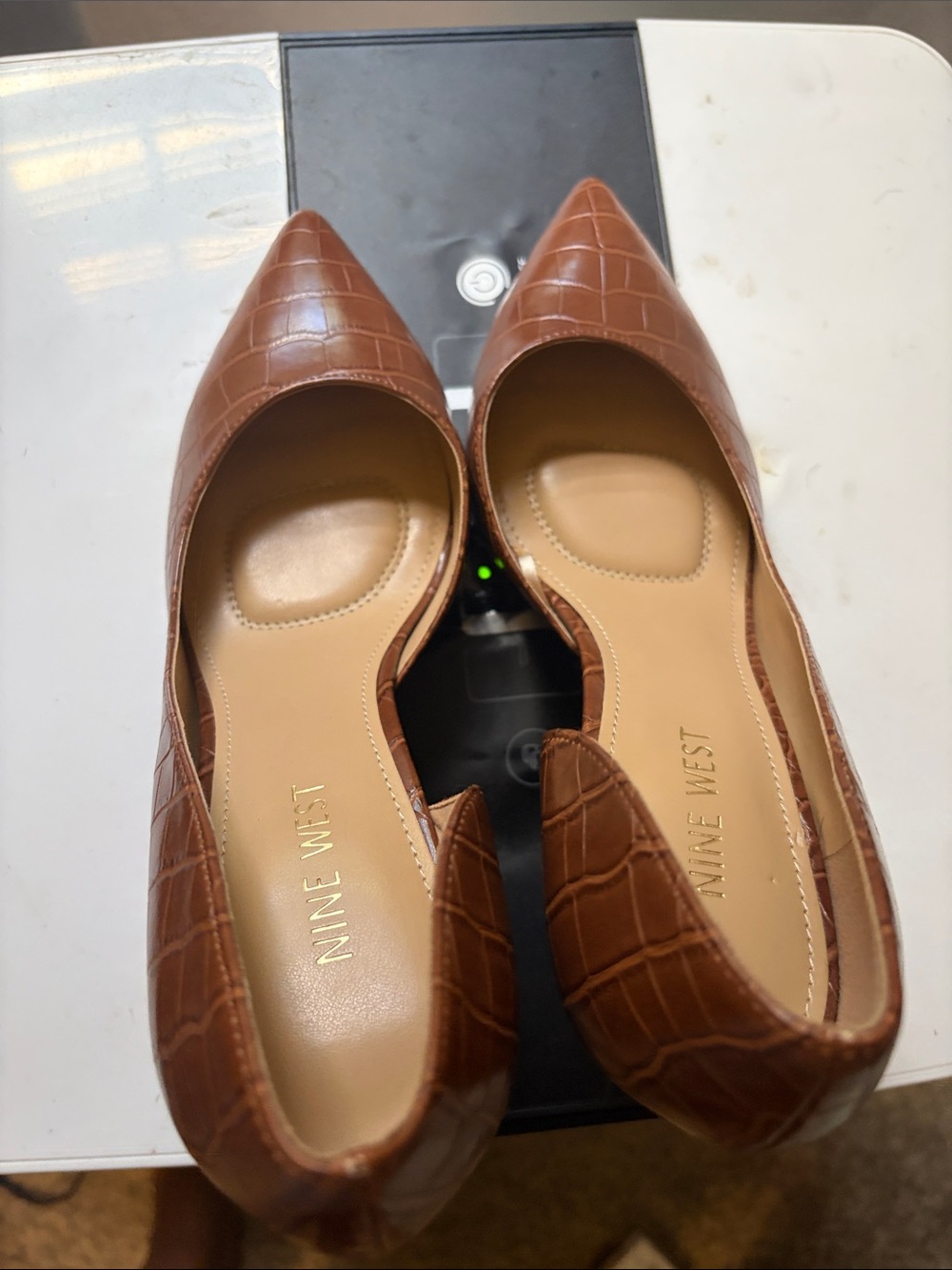 Nine West Cognac Croc-Embossed Pointed Toe Flats